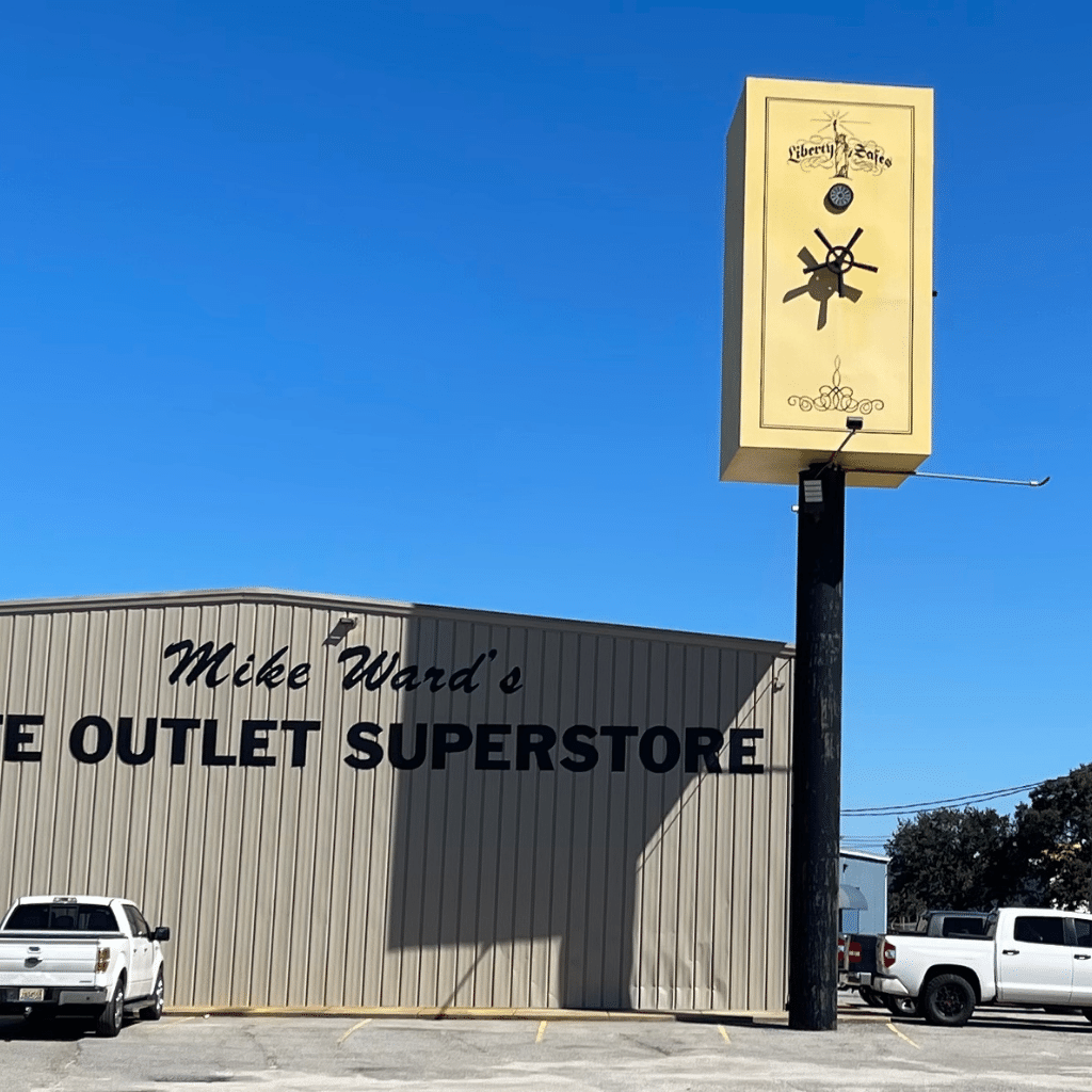 Outside image of safe store with yellow safe on a light pole