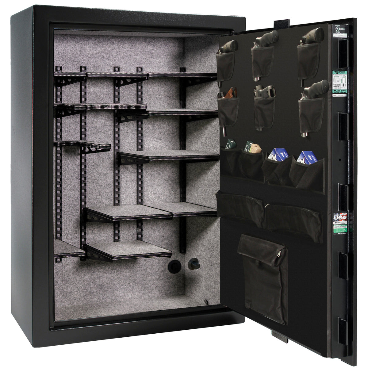Colonial 35 | Pro Flex Interior | Level 4 Security | 75 Minute Fire Protection | Dimensions: 60.5"(H) x 42"(W) x 22"(D) | Up to 45 Long Guns | Black Textured | Mechanical Lock – Open