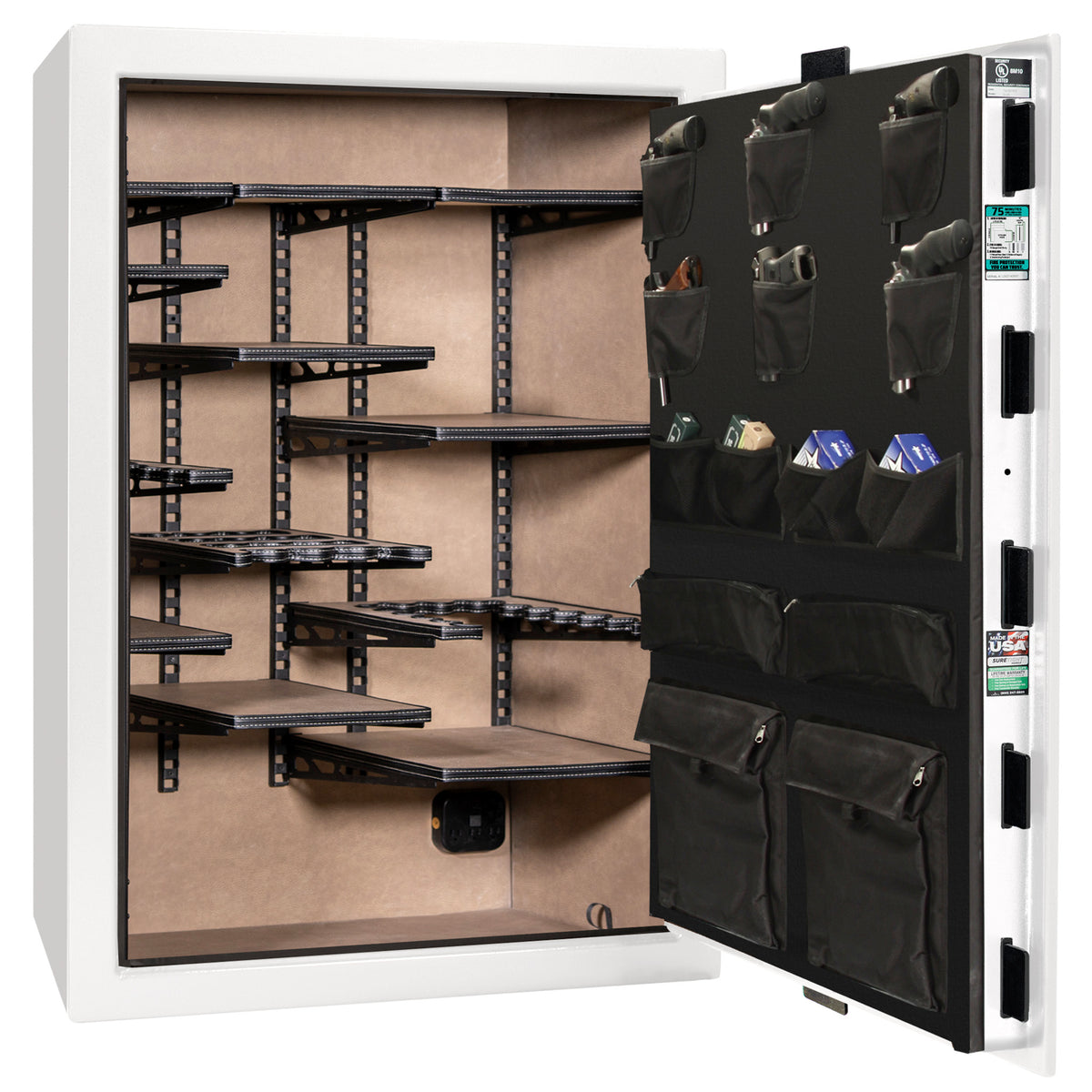 Colonial 35 | Pro Flex Interior | Level 4 Security | 75 Minute Fire Protection | Dimensions: 60.5"(H) x 42"(W) x 22"(D) | Up to 45 Long Guns | White Gloss Black Chrome | Mechanical Lock - Open