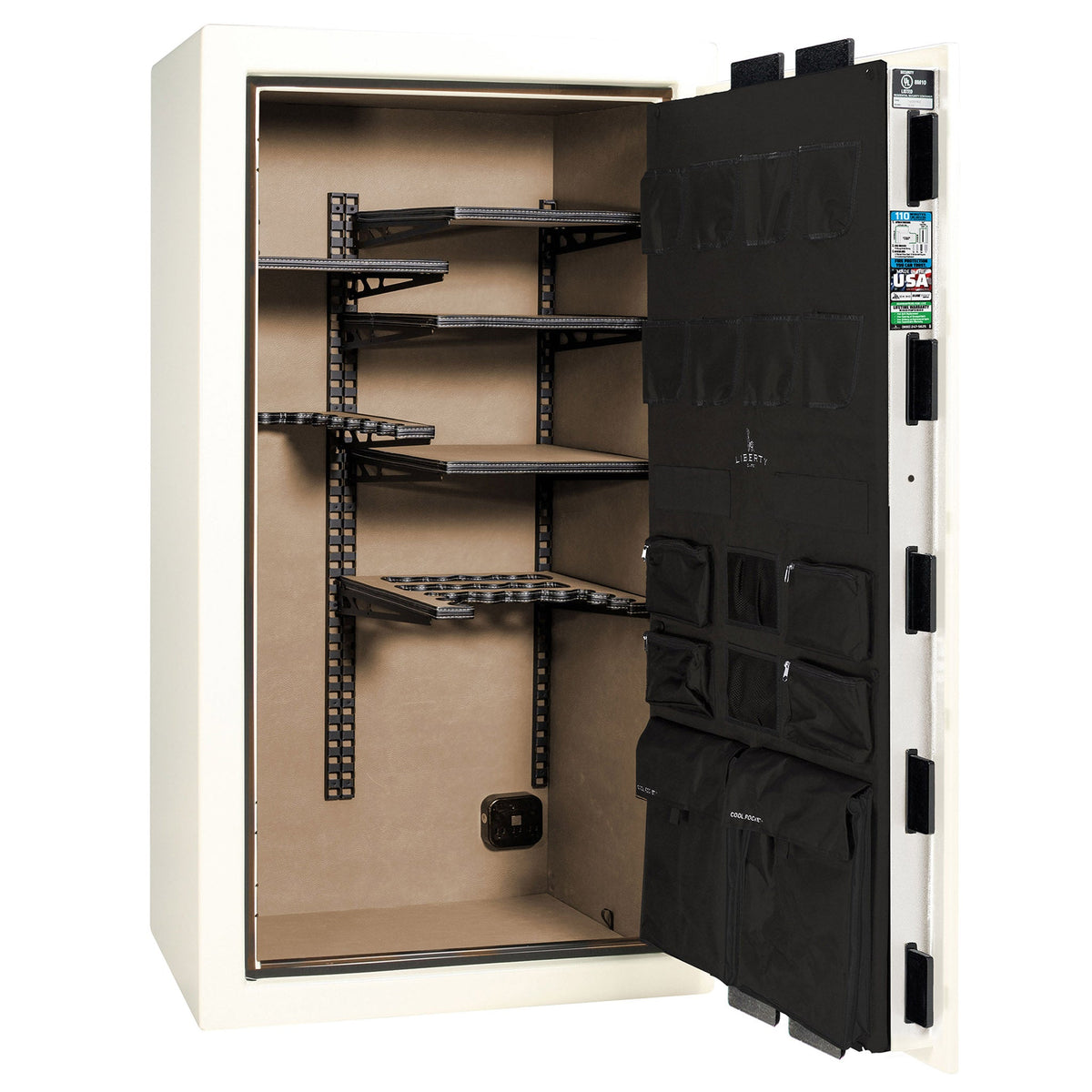 Franklin Series | Level 5 Security | 110 Minute Fire Protection | 40 | DIMENSIONS: 66.5&quot;(H) X 36&quot;(W) X 27.5&quot;(D*) | White Gloss Black Chrome | ProFlex Modular Shelving - Open Door Empty