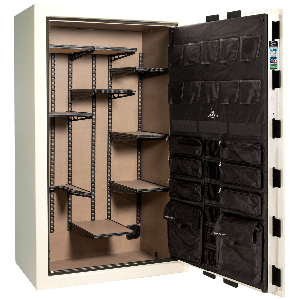 Franklin Series | Level 5 Security | 110 Minute Fire Protection | 50 | DIMENSIONS: 72.5&quot;(H) X 42&quot;(W) X 27.5&quot;(D*) | White Gloss Black Chrome | ProFlex Modular Shelving - Open Door Empty